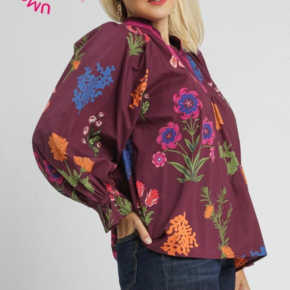 UMGEE Floral Print V Neck Open Collar Top (New) -Burgundy Mix - Picture 3 of 7